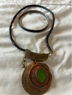 Jade, leather and copper necklace and leather bracelet