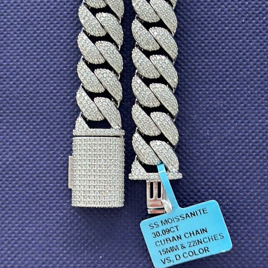 Sterling Silver Moissanite 15mm Cuban Chain