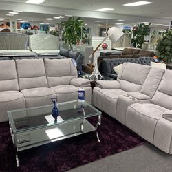 Light Grey Suede Power Recliner Sofa And Loveseat On Sale $1599!!