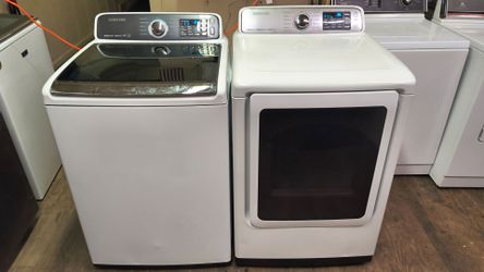 SAMSUNG WHITE TOPLOAD WASHER & WHITE ELECTRIC STEAM DRYER SET