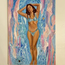 Custom Acrylic Painting Woman Swimming In waves 