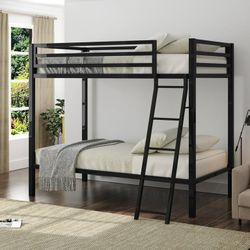 Metal Bunk Bed Twin Over Twin Size with Angled Ladder & Guardrail, Space-Saving, Black