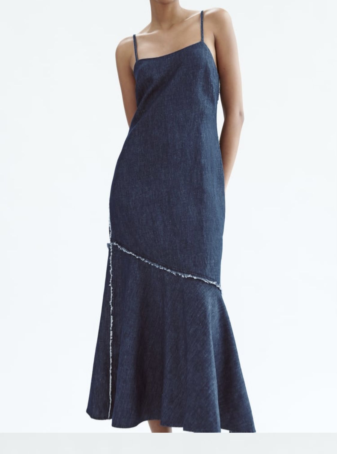 Zara NWT S blue denim midi dress. Round neck spaghetti straps. Frayed trim. 63% denim 37% linen