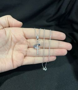 925 Sterling Silver Womens Cross Heart & Evil Eye Talisman Charm & Rolo Chain