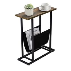 Narrow Small Side Table for Small Spaces, Living Room - Slim End Table with Magazine Holder - Skinny