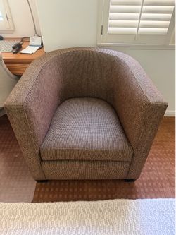 Like New; Barrel chair, brown & gold, textured performance tweed fabric.