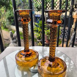 8" Cambridge Glass Twist Stem Amber Candlestick Holders
