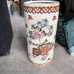 Vintage Chinese Ceramic Umbrella Stand Vase – Hand-Painted Floral – 19” Tall