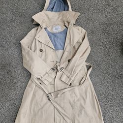G.H. Bass & Co Trench Coat Womens Medium Beige Hooded Belted Double Breasted Jacket