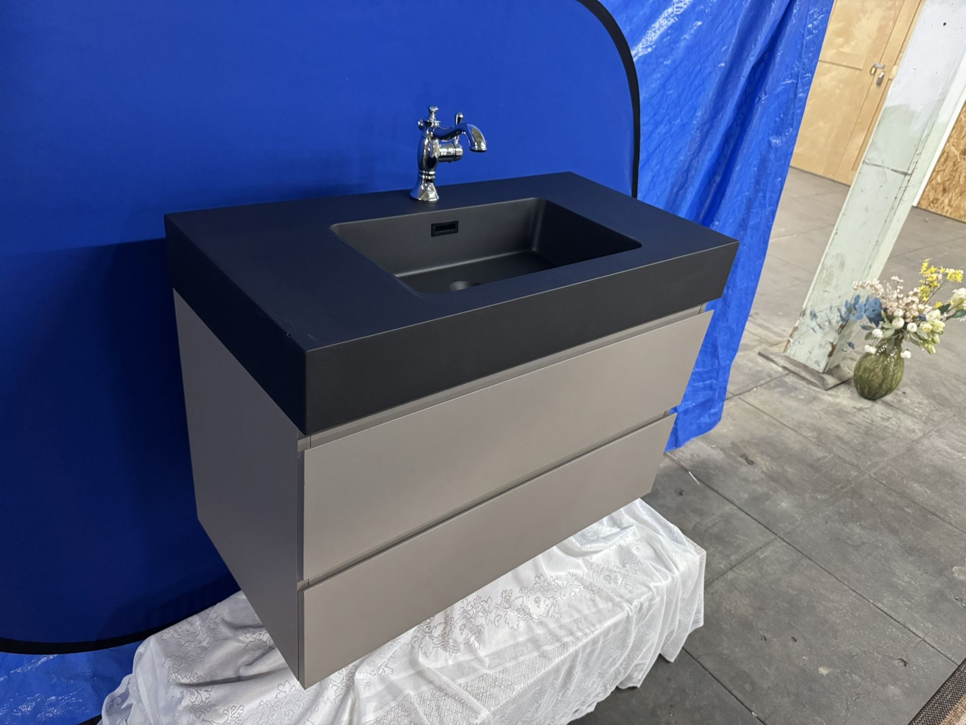 36” Modern Gray Wall Mount Bathroom Cabinet, Matte Black Sink, and Delta Faucet