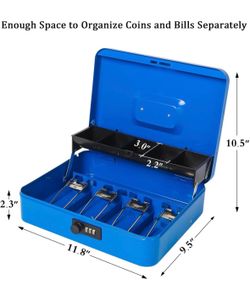 Cash money box – like new, combination lock, coin holder, bill slots, carrying candle, safety cord