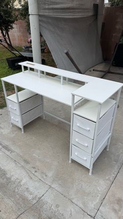 White Gaming Desk With Drawers & Power Outlet