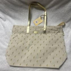 Large cream and gold flamingo tote shoulder bag handbag purse
