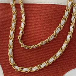 Large Fabric Tote With Leather Trim, Gold Metal Chain Handles
