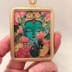 Lotus Green Tara Peace Handmade Inlaid Hand-Painted Thangka Pendant Necklace 