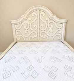White Wood Bed Frame with Carved Headboard