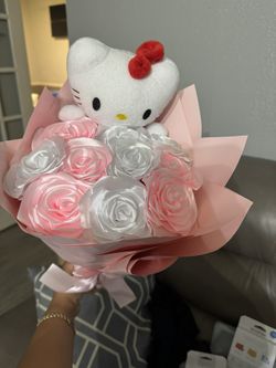 10 White And Pink Ribbon Roses With Hello Kitty Plush