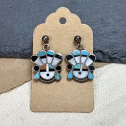 Zuni Sterling Silver Assorted Stone Inlay Sunface Dangle Earrings Signed