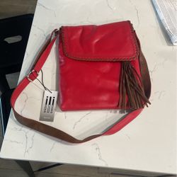 ILI New York Red Genuine Leather tassel used CrossBody Messenger Bag vintage