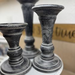 3 Black Wooden Candle Holders Set Trio Table Centerpiece pillar style
