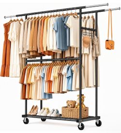 Heavy Duty Clothes Rack Load 550LBS, Rolling Clothing Rack, Black Three Rods Clothes Racks for Hanging Clothes, Extendable Garment Rack with Wheels fo