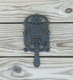 Vintage Cast Iron Doves/Hearts & Brooms Trivet