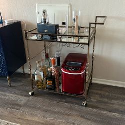 Gold Bar Cart With Mirrored Glass Shelves