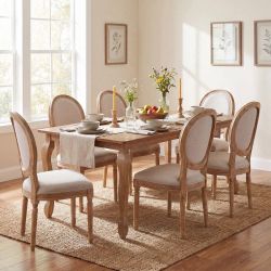 New-New-Dexmalle Beige Set of 6 Dining Chair with Linen Fabric Back