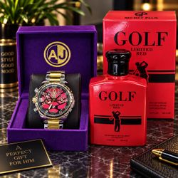 Red & Gold Luxury Men’s Watch + FREE PERFUME | Golf Limited Red 100ml