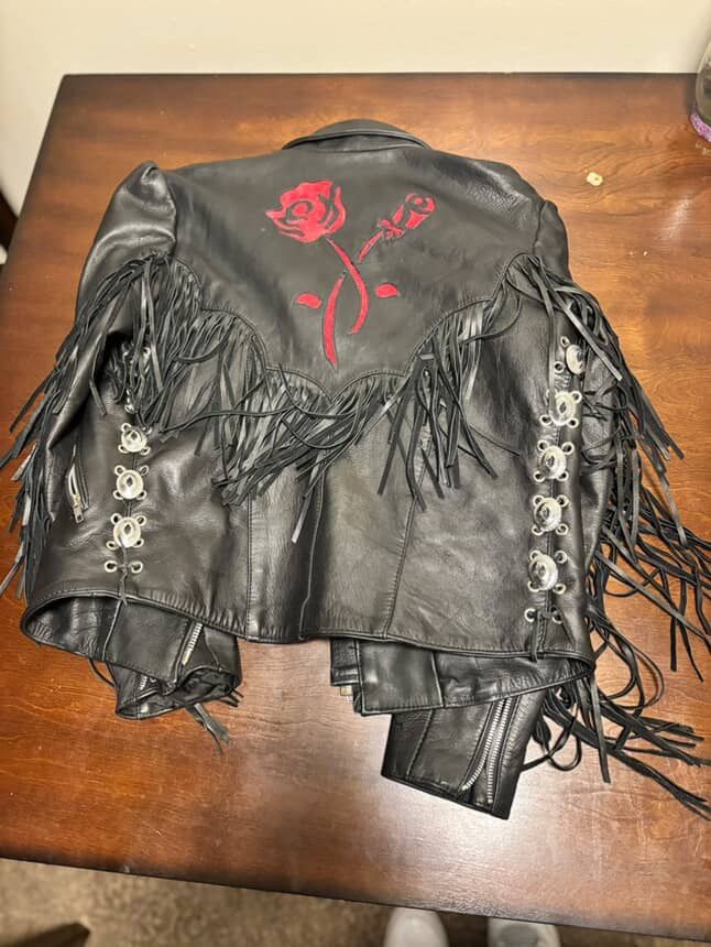 VINTAGE FIRST GENUINE LEATHER BLACK FRINGE LEATHER MOTORCYCLE JACKET SZ 14