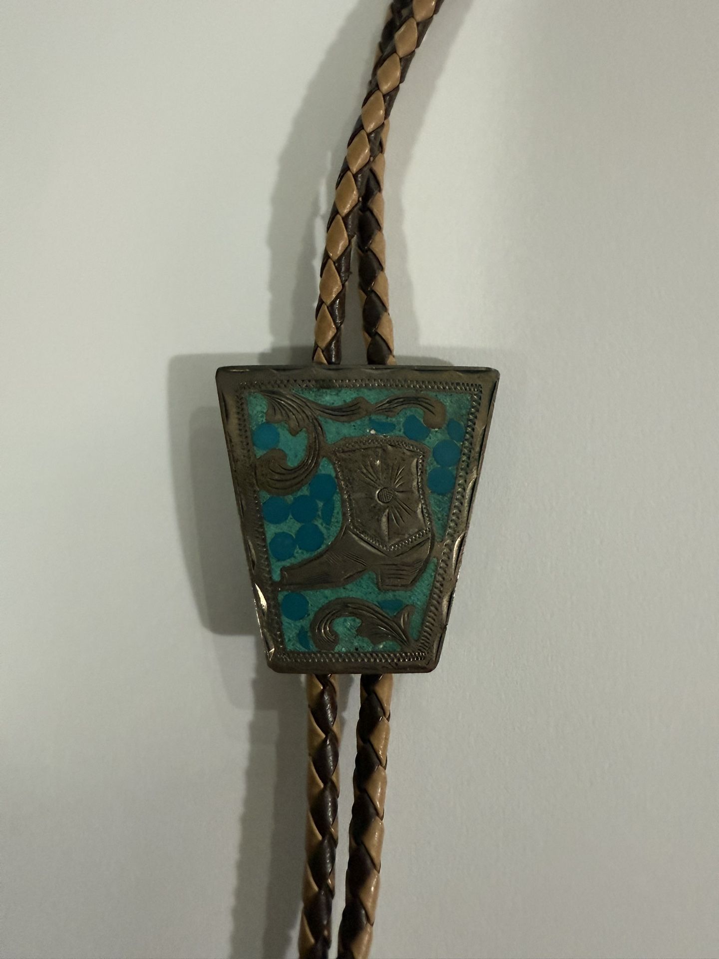 Vintage Sterling Silver Turquoise Bolo Tie Signed Mexico Sterling R.S.S. BOOTS