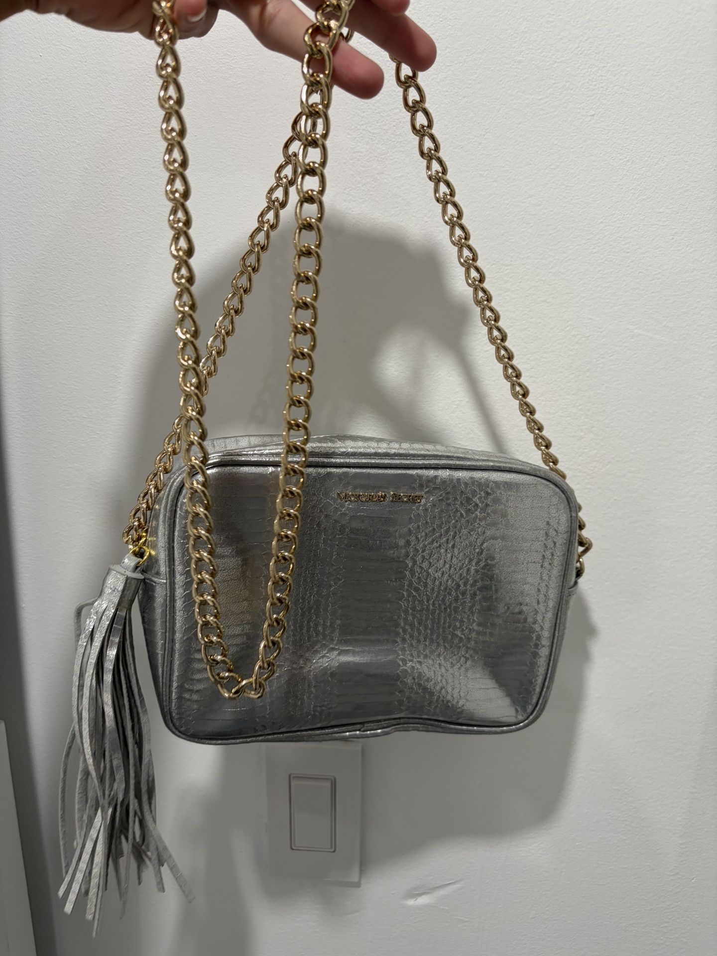 Victoria’s Secret Silver Snake Crossbody Bag w/ Gold Chain & Tassel