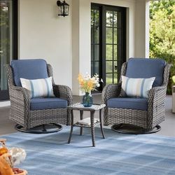 OVIOS 3-Piece Patio Wicker Swivel Chair Conversation Set - Dark Grey-Grey Wicker  Worth $480