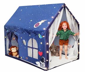 (F-25) Kids Tent Playhouse Padded Mat with Star Lights and Flags, Spaceship Play Tent, Astronaut Rocket Ship Teepee for Boys & Girls, Kids Play House 