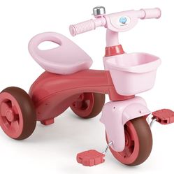 Kids Tricycle with Front & Rear Storage Basket, Ergonomic Seat, Non-Slip Handle and Bell