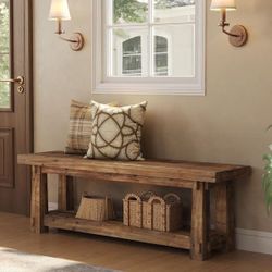 55 in. Rustic Brown Wood Rectangular 2 Tier Entryway Bench Hallway LivingRoom Modern Simple Shoe Stool 4-Legs $85