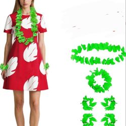 Lilo Costume Dress Women's Halloween Red Leaf Printed Hawaiian Dress with Flower Headpiece size xl