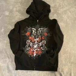 Y2K Men's Large Grunge Skulls and Roses Print Emo Goth Hoodie Full zip