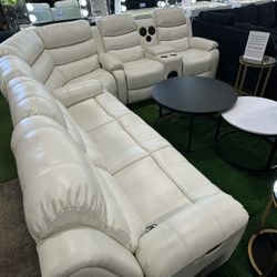 White Living Room Recliner Sectional with Bluetooth Speaker and LED Lights 