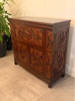 Vintage Hand-Carved Asian Bar Cabinet / Liquor Cabinet – Fold-Out Serving Bar