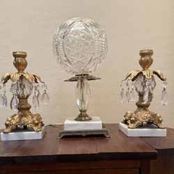 MCM Hollywood Regency Brass Marble Crystal Candle Holder Pair