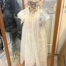 Antique Doll And Glass Case