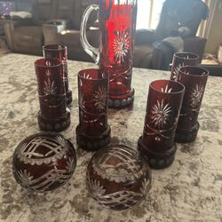 Bohemian Glass. Cut To Clear  Water Glass Set And Two Votive Candle Holders