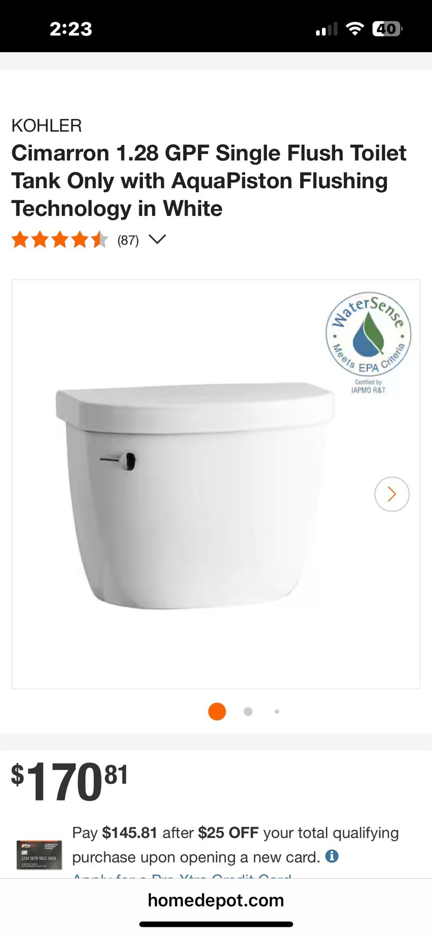New Kohler Cimarron Toilet Tank With Aquapiston