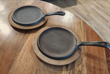 (2)Wagner Cast Iron Comal w/Walnut Underliners