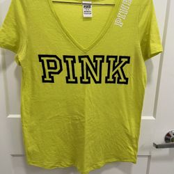 PINK By Victoria’s Secret Ladies V-Neck Short Sleeve Shirt - Size Medium- Neon Yellow Color 