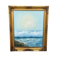 Impressionist Painting Ocean Wave Crash Seagull Gold Framed Small Artwork Signed