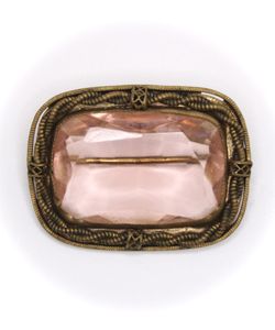 Antique Victorian Pink Stone Brass Brooch with Ornate C-Clasp Circa 1880s Or 1890s