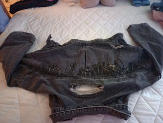 Distressed Gray Denim Jacket with Beaded Detail size large