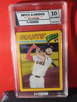 This is a 2026 Topps Heritage #310 Bryce Eldridge rookie card, specifically the YELLOW border parallel variation. It is graded as a Gem Mint 10 by MGS